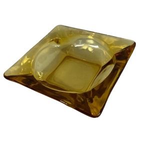 Vintage 1929-1939 Amber Glass Ash Tray Square Depression Glass Collectible